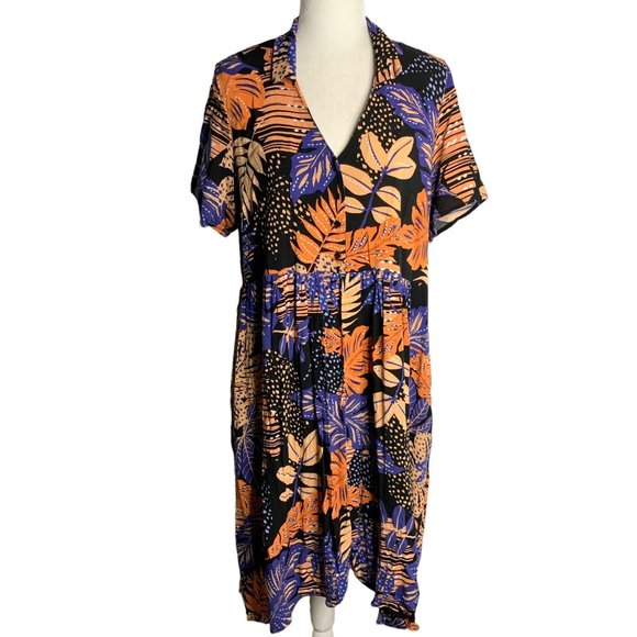 Loralette Short Sleeve High Low Dress 14/16 Black Palm Floral Buttons Pockets - Picture 1 of 6